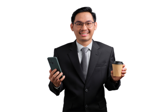 Happy Asian businessman in suit holding smartphone and coffee cup, smiling, isolated on transparent background - Powered by Adobe