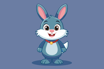 Fototapeta premium A cheerful blue rabbit stands upright with a big smile, wearing a red collar. The playful character embodies friendliness and joy with its bright, engaging features.