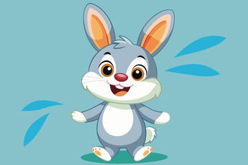 Obraz premium A cute cartoon rabbit is smiling happily with its arms outstretched, surrounded by a light blue backdrop that enhances its playful personality.