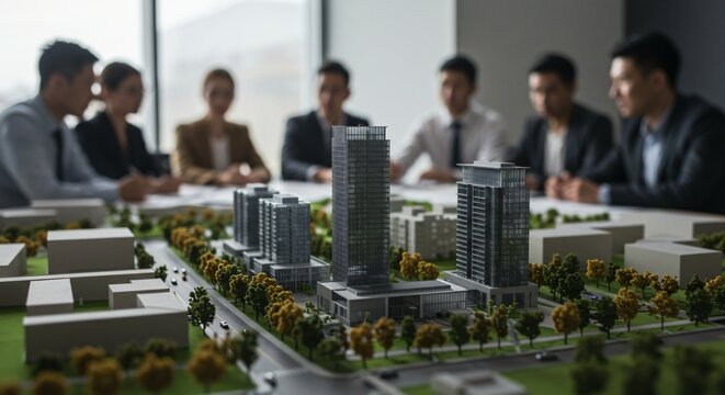 Architects Reviewing Modern Cityscape Architectural Model