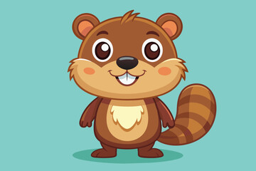 A charming cartoon beaver character smiles brightly, standing with its hands on its hips. The beaver has a fluffy tail and a friendly demeanor, set against a soft pastel background.