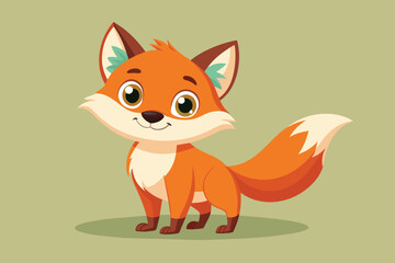 Obraz premium A cute cartoon fox with vibrant orange fur and large, friendly eyes stands happily on a soft green backdrop. Its bushy tail curls and adds charm to its playful look.