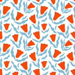 Groovy floral seamless pattern. Checkered background with abstract tulip flowers. Modern trendy style. Surface cover design. Fabric textile print.