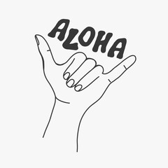 Aloha lettering. Surfers shaka hang logo. Loose hand signal. Beach vibes illustration. Summer fabric textile print. Vector isolated  background.