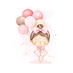 Watercolor Illustration Baby Girl Holds Balloons