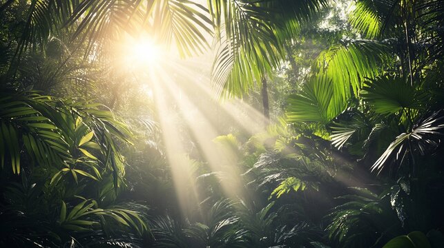 Sunbeams pierce lush, green tropical foliage, creating a mystical, jungle scene
