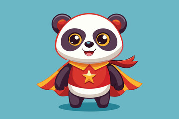 Naklejka premium This adorable panda character showcases its superhero persona with a vibrant red cape and a smiling expression, set against a bright blue backdrop.