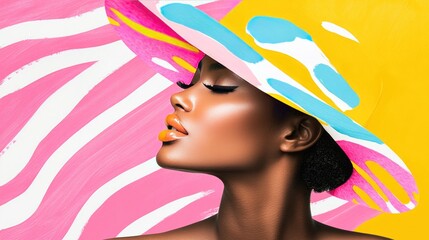 Naklejka premium Colorful Fashion Portrait of Woman with Abstract Hat and Bright Background