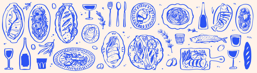 Set of Hand Drawn Foods Doodle Mediterranean Matisse Whimsical Italian Food and Drink, Summer Tropical and Sea Food Line Drawing Vector