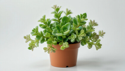 Fototapeta premium Small Green Succulent in Brown Pot on White Background