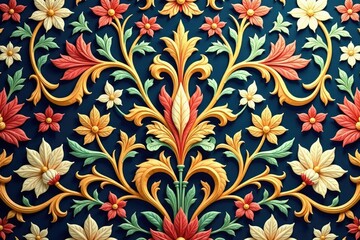 Classic damask pattern, symmetrical scrolling acanthus leaves and blossoms , graphic design, scroll, style