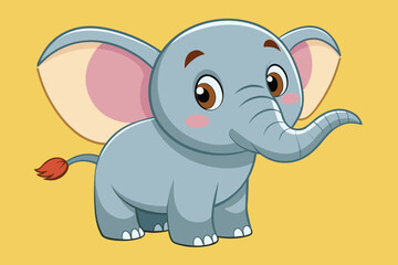 Obraz premium A cheerful cartoon elephant stands with a friendly expression, featuring large ears and a playful posture against a vivid yellow backdrop, engaging viewers with its charm.