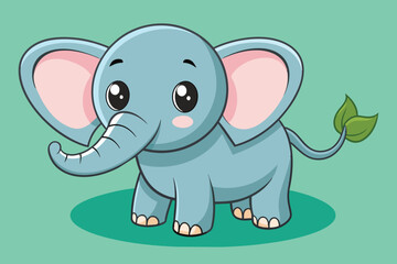 Naklejka premium A cheerful cartoon elephant with big ears and a friendly smile is set against a light green background. It has a small leaf on its tail, adding a whimsical touch.