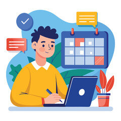 Young man with computer fills schedule calendar vector 