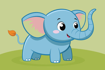 Naklejka premium A friendly blue elephant character with pink ears and a joyful expression is standing in a bright green field. Its playful demeanor makes it ideal for children's illustrations.