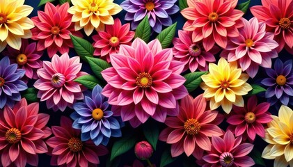 Intricate dahlia blooms, vibrant colors, repeating pattern, surface, retro
