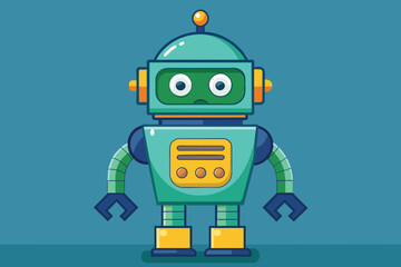This charming cartoon robot features bright colors and a friendly expression, standing against a vibrant blue backdrop, perfect for children's entertainment or educational content.