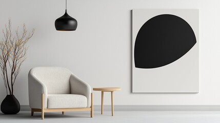 Modern minimalist living room with armchair, side table, and abstract art