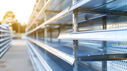 Fototapeta premium Empty supermarket shelves with bare metal rack, minimalist composition showing scarcity and lack of products. Concept of supply chain issues, retail challenges and economic crisis.