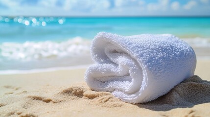 Fototapeta na wymiar Soft white beach towel on sandy shore near turquoise ocean waves sea sun spa calm view coast water