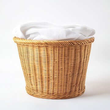 Oval rattan laundry basket with white background,