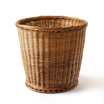 Oval rattan laundry basket with white background,