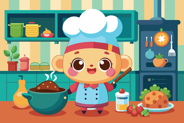 A cartoon chef wearing a blue outfit and white hat enthusiastically stirs a pot in a bright kitchen adorned with fresh vegetables and cooking utensils.