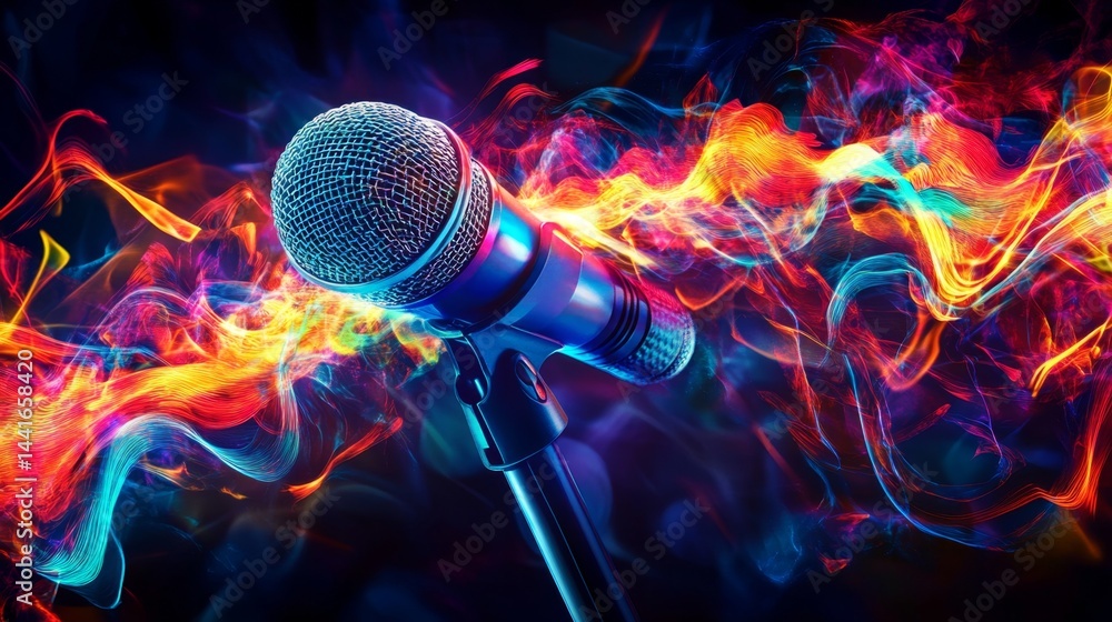 Poster dynamic live performance music venue microphone art colorful background close-up view sound and vibr