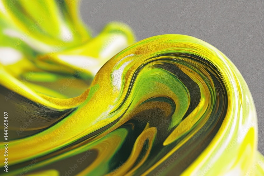 Poster smooth flowing abstract wave-like form with vibrant yellow and green colors blending on a textured s