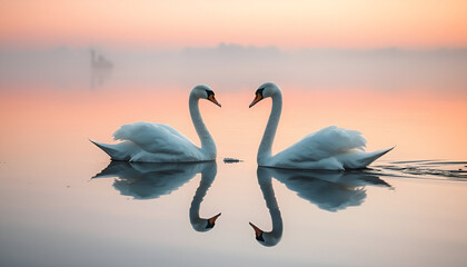 Naklejka premium two white swans gliding across a mirror-like lake at dawn. Perfect reflections, soft pink sunrise hues, dew on their feathers