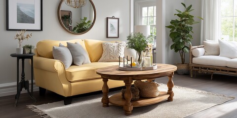 Cozy living room with yellow couch and wooden coffee table