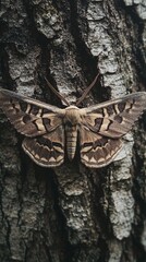 Moth on tree bark, nature close-up, woodland background, wildlife photography