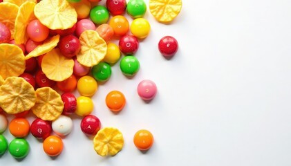 Obraz premium Pile of colorful candy, chips, and soda on white , sweet treat, crisps, garbage food