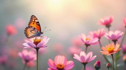 A delicate butterfly rests gently on a vibrant pink flower, surrounded by a field of blossoming blooms bathed in the warm glow of sunrise