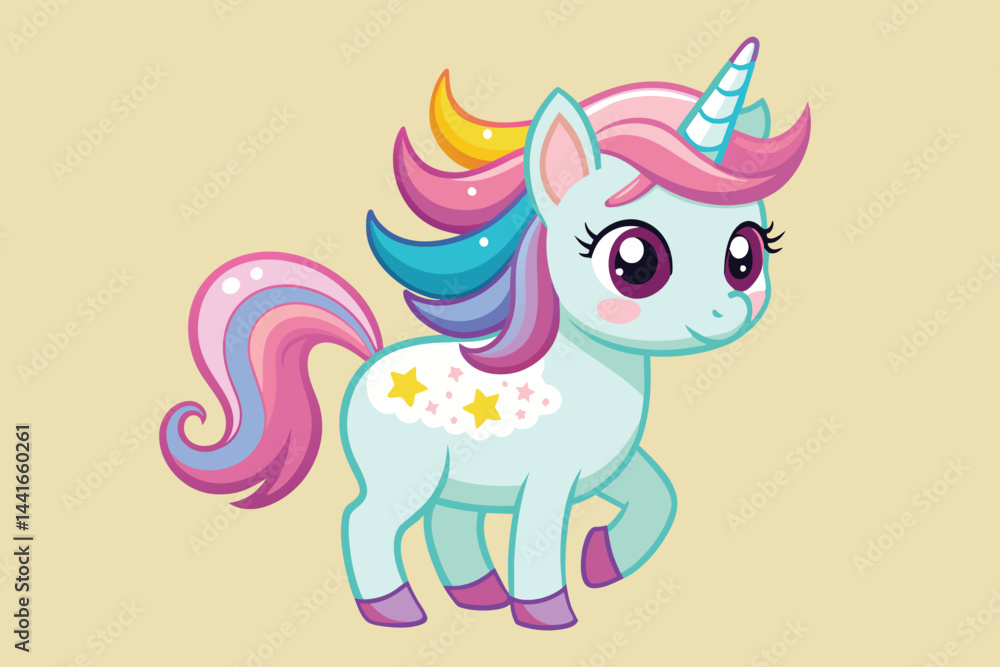 Poster a cheerful unicorn with a pastel color scheme gallops playfully. its flowing rainbow mane and sparkl