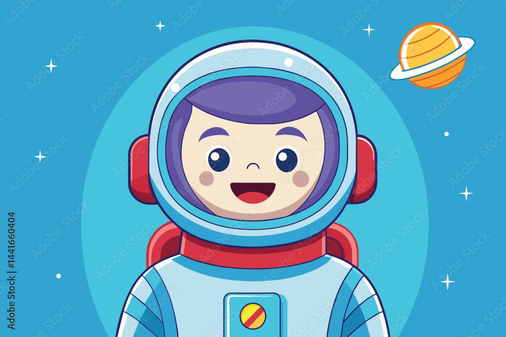 Poster a young astronaut in a spacesuit beams with joy while floating in outer space, surrounded by twinkli