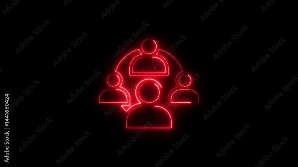 Poster glowing red neon teamwork icon animation on black background seamless loop