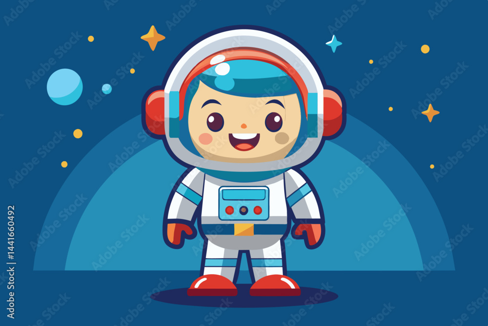 Poster a young astronaut stands confidently in a colorful space suit, smiling joyfully. the background feat
