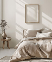 Frame mockup poster hanging on the white wall in the scandinavian bed room with decoration