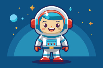 Fototapeta premium A young astronaut stands confidently in a colorful space suit, smiling joyfully. The background features twinkling stars and distant planets, creating a whimsical outer space vibe.