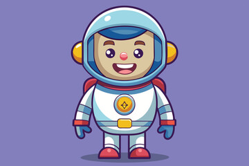 A cheerful cartoon astronaut stands confidently against a vibrant purple background, embodying the spirit of adventure and exploration in outer space.