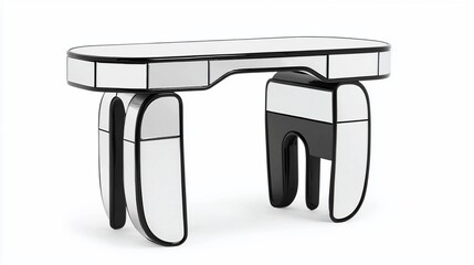 Modern, minimalist, oval-shaped desk with mirrored panels and sculpted legs