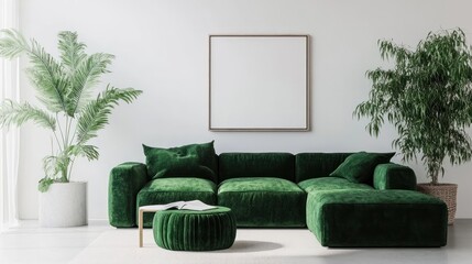 modern living room interior with green velvet modular sofa, hous