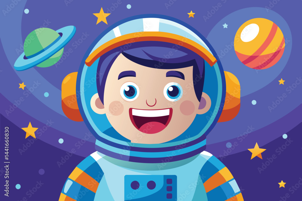 Poster a young astronaut with a big smile dons a space suit while floating in a vibrant universe filled wit