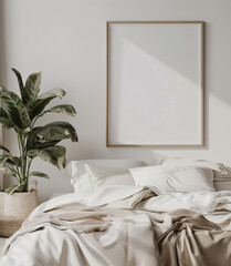 Frame mockup poster hanging on the white wall in the scandinavian bed room with decoration