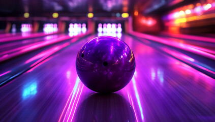 A dark color bowling ball and pins