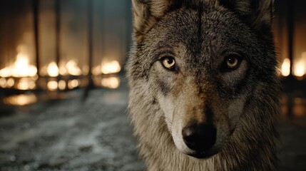 Fototapeta premium Endangered species struggling with climate change impact concept. A close-up of a wolf in a forest affected by wildfires.