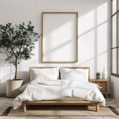Frame mockup poster on the white wall in the scandinavian bed room with plant decoration