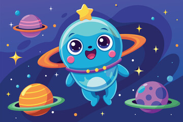 A cheerful blue character with big eyes and a star on its head happily floats in the vastness of space, surrounded by vibrant planets and twinkling stars.