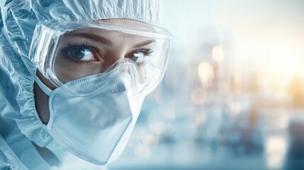A scientist or healthcare worker wearing protective gear, including a mask, goggles, and coveralls, in a sterile environment.
